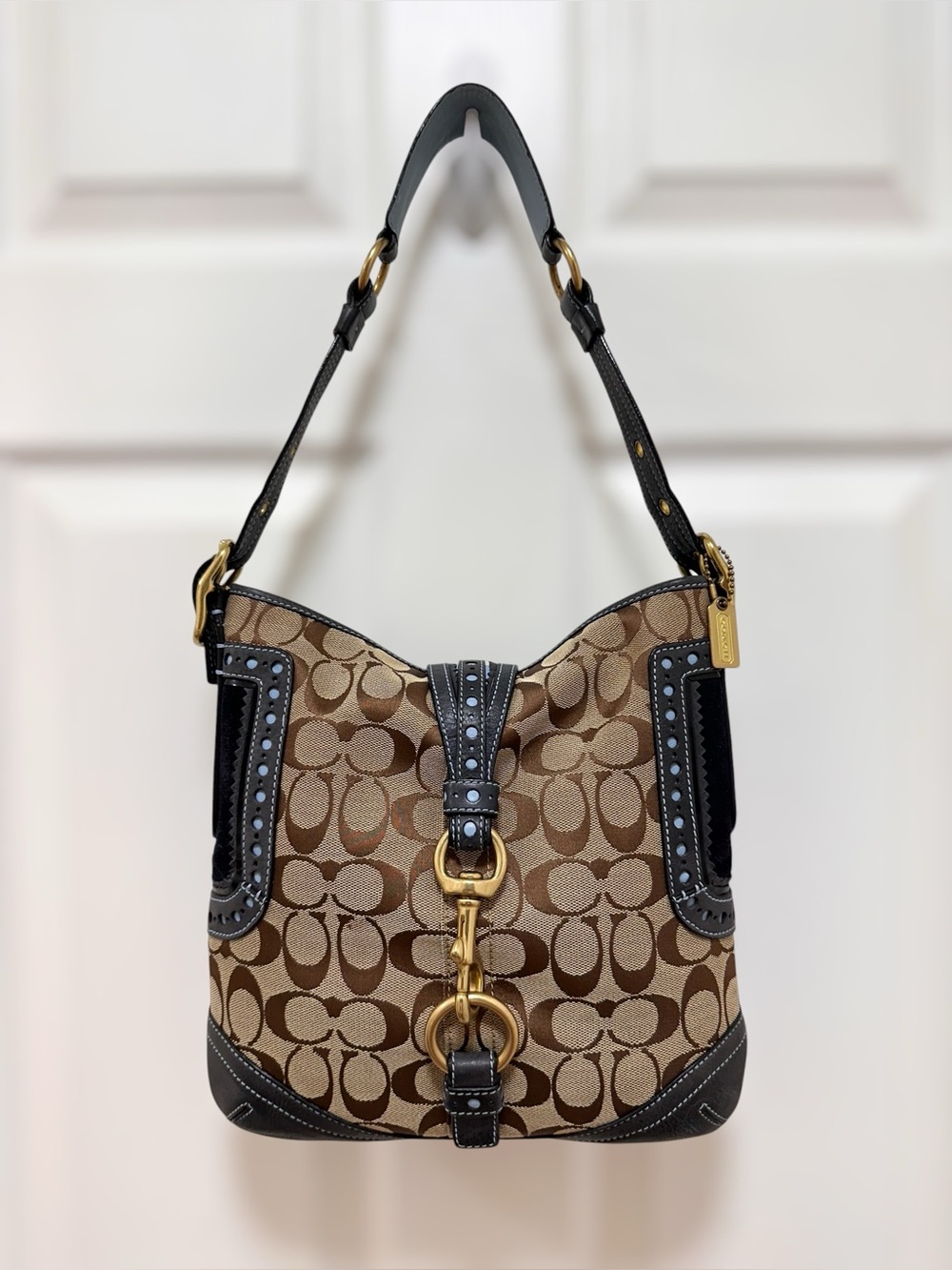 Coach Legacy Signature Jacquard Hobo Navy Perforated Leather Bag 1424